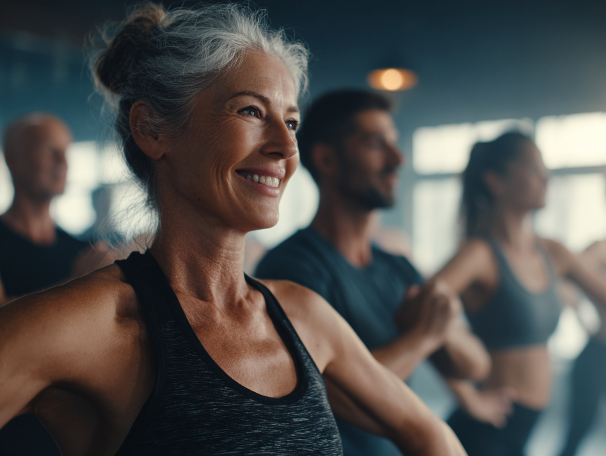 Skupina ľudí rôznych vekových kategórií cvičí outdoors